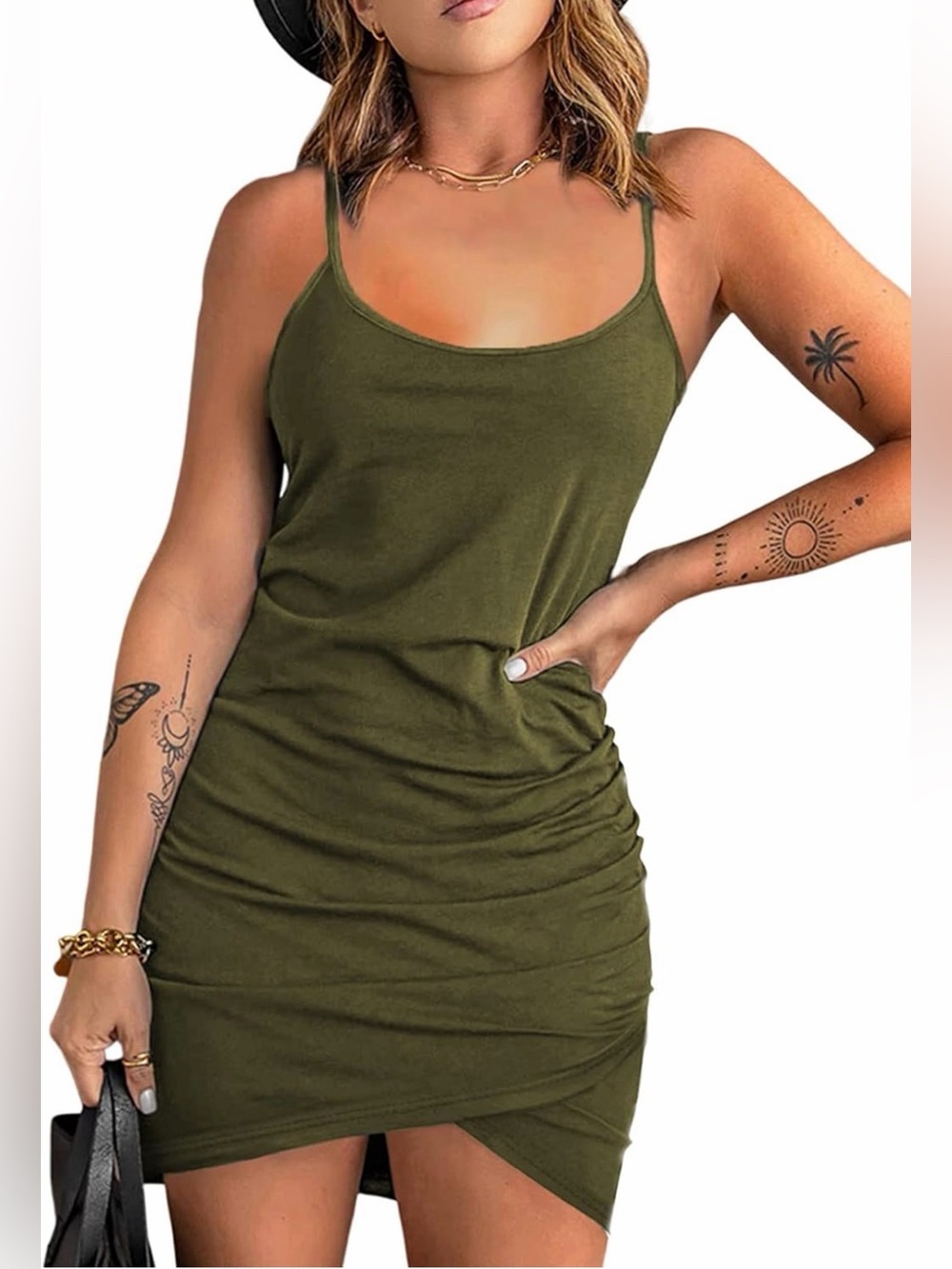 NWOT Acelitt Olive Casual Spaghetti Strap Wrap Scrunched Mini Dress XL (14-16)